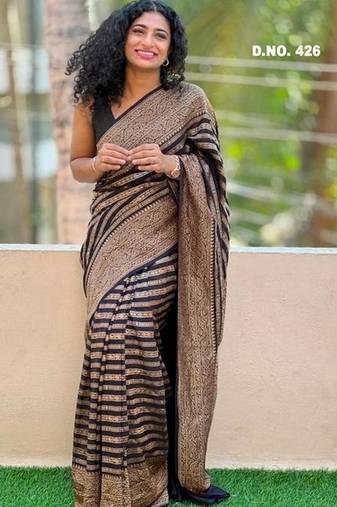 Black & beige printed linen blend traditional saree with unstitched blouse
