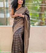 Black & beige printed linen blend traditional saree with unstitched blouse