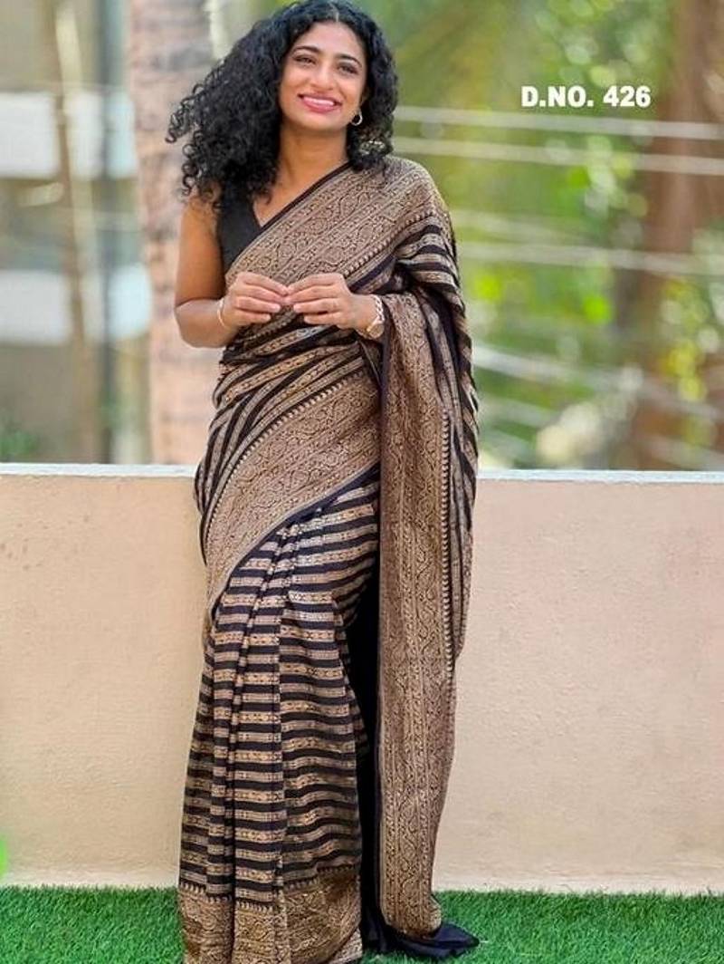 Black & beige printed linen blend traditional saree with unstitched blouse
