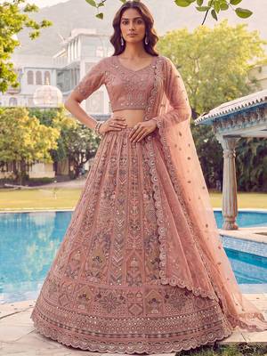 Glowing Peach Embroidered Net Wedding Wear Lehenga Choli with Dupatta 1
