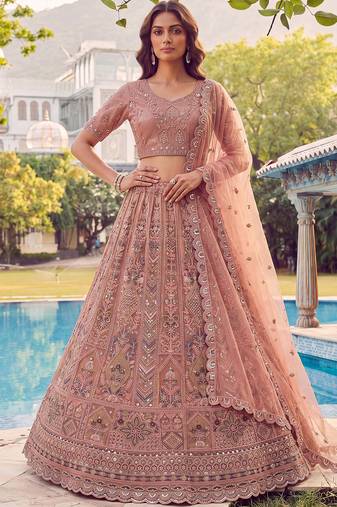 Glowing Peach Embroidered Net Wedding Wear Lehenga Choli with Dupatta