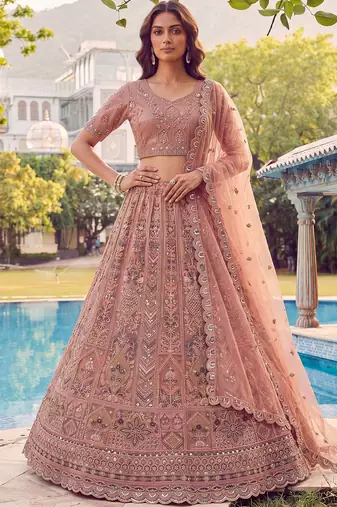 Glowing Peach Embroidered Net Wedding Wear Lehenga Choli with Dupatta