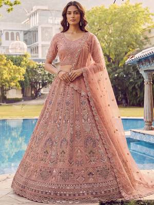 Glowing Peach Embroidered Net Wedding Wear Lehenga Choli with Dupatta 2