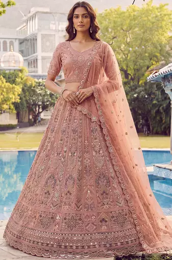 Glowing Peach Embroidered Net Wedding Wear Lehenga Choli with Dupatta