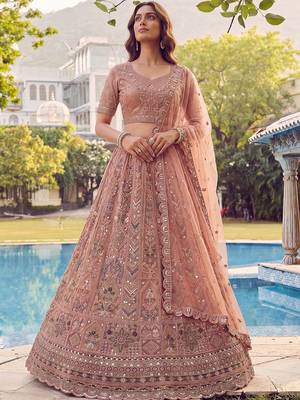Glowing Peach Embroidered Net Wedding Wear Lehenga Choli with Dupatta 3