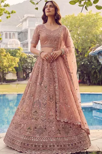 Glowing Peach Embroidered Net Wedding Wear Lehenga Choli with Dupatta