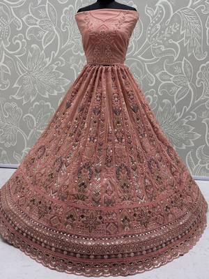 Glowing Peach Embroidered Net Wedding Wear Lehenga Choli with Dupatta 5