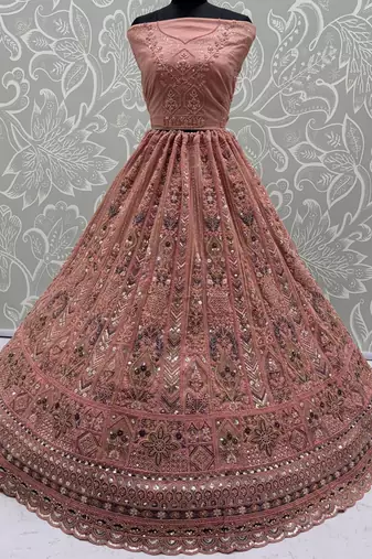 Glowing Peach Embroidered Net Wedding Wear Lehenga Choli with Dupatta