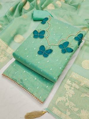 Elegant butterfly embroidered kasa silk dress material set with silk dupatta 5