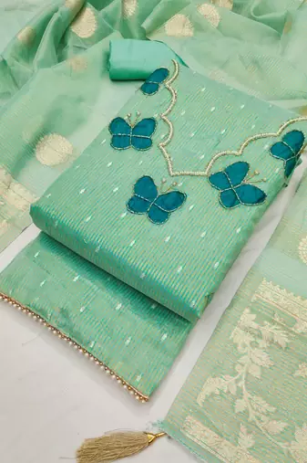Elegant butterfly embroidered kasa silk dress material set with silk dupatta