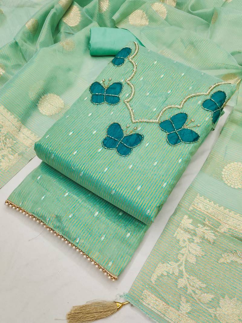 Elegant butterfly embroidered kasa silk dress material set with silk dupatta