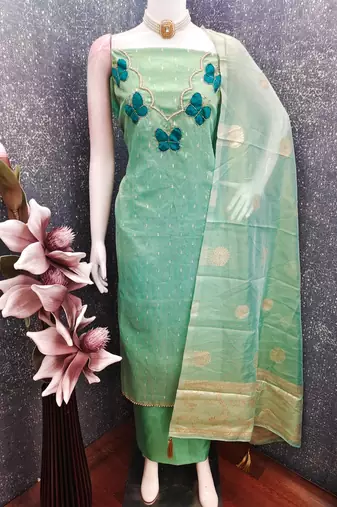 Elegant butterfly embroidered kasa silk dress material set with silk dupatta