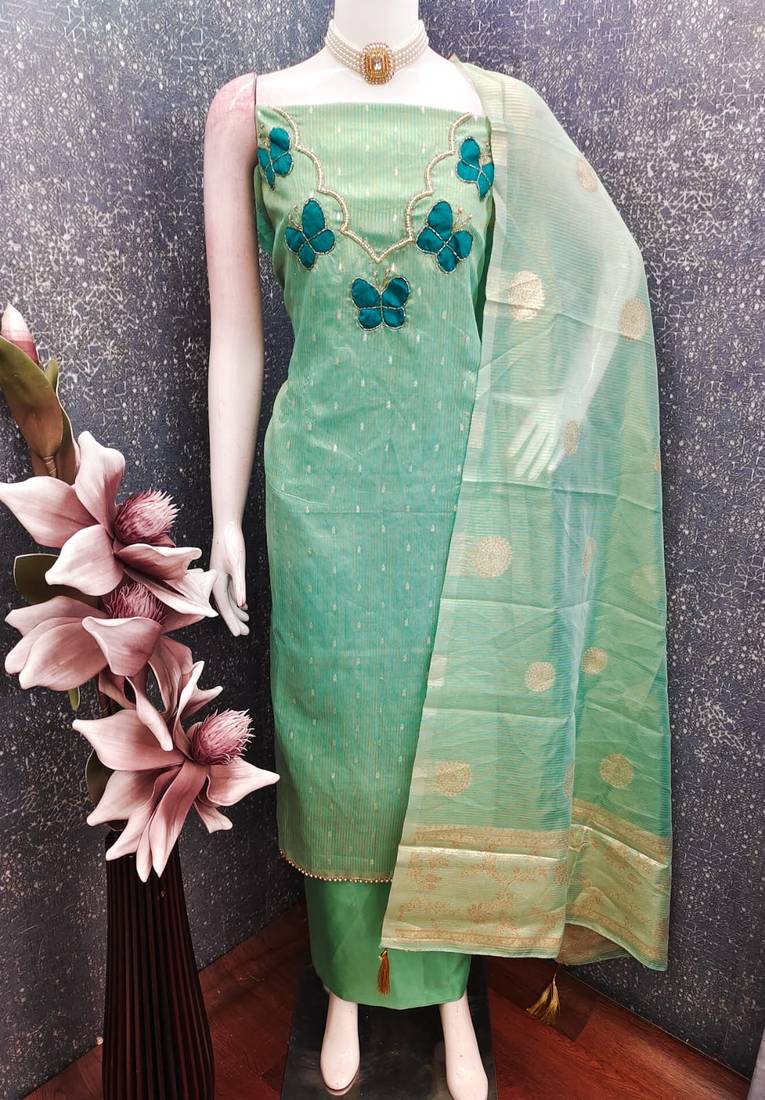 Elegant butterfly embroidered kasa silk dress material set with silk dupatta