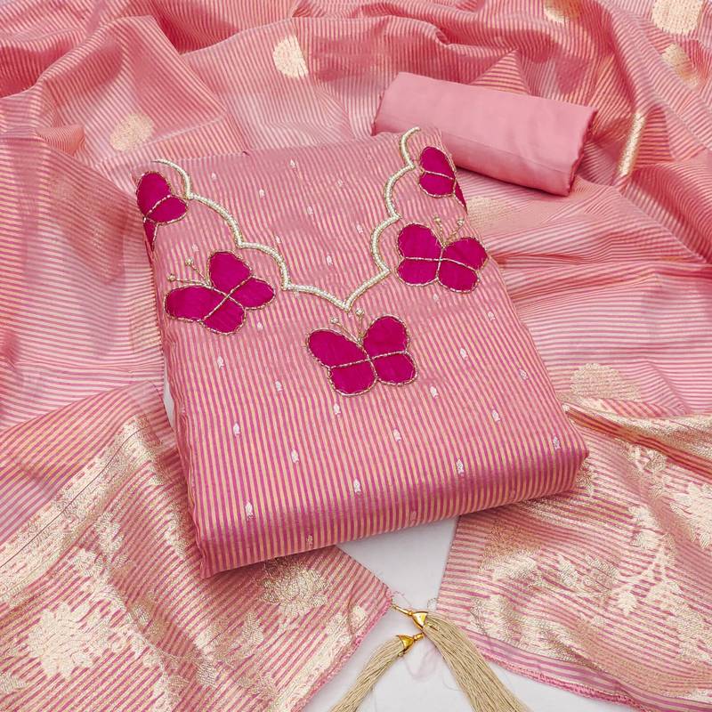Elegant butterfly embroidered kasa silk dress material set with silk dupatta