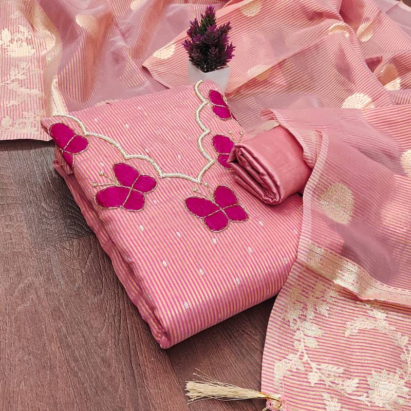 Elegant butterfly embroidered kasa silk dress material set with silk dupatta
