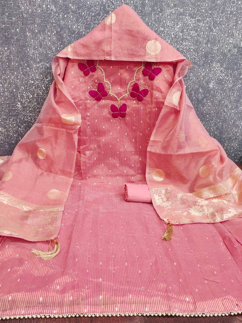 Elegant butterfly embroidered kasa silk dress material set with silk dupatta