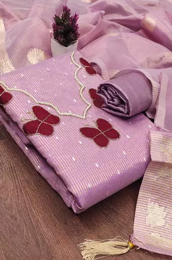 Elegant butterfly embroidered kasa silk dress material set with silk dupatta