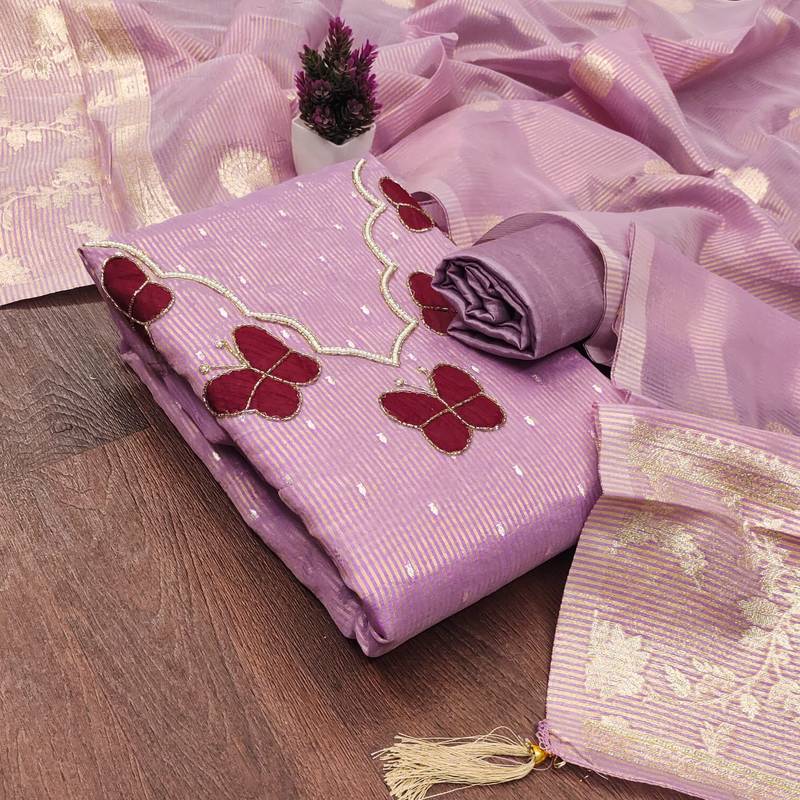 Elegant butterfly embroidered kasa silk dress material set with silk dupatta