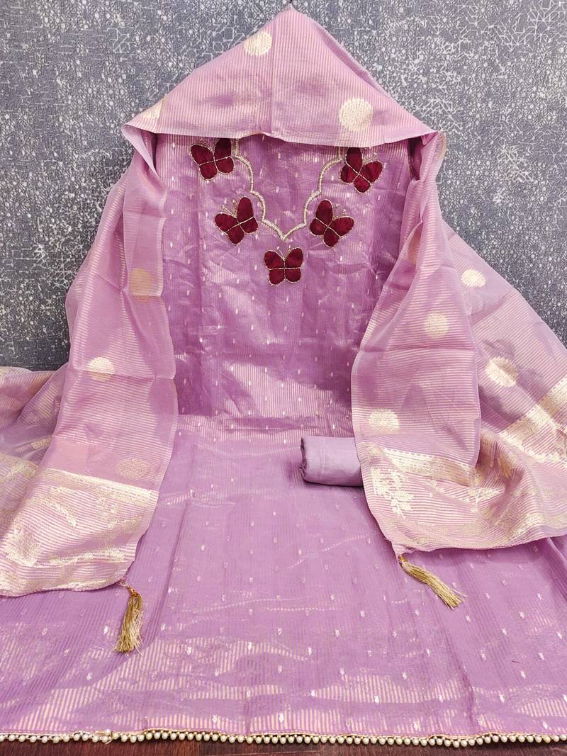 Elegant butterfly embroidered kasa silk dress material set with silk dupatta
