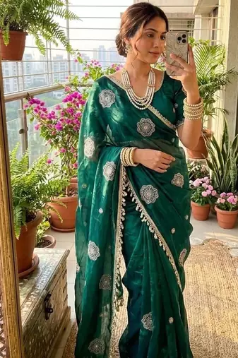Green Color embroidery beats work Silk Blend Saree