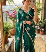 Green Color embroidery beats work Silk Blend Saree