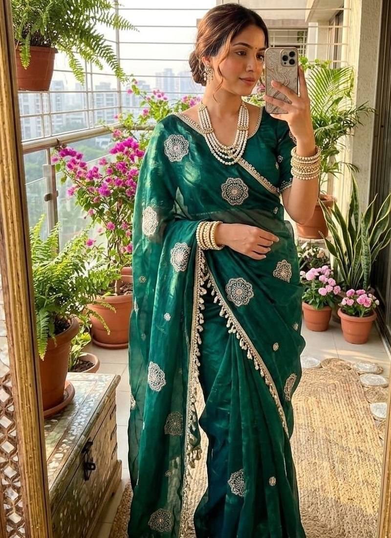 Green Color embroidery beats work Silk Blend Saree