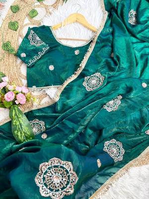 Green Color embroidery beats work Silk Blend Saree 2