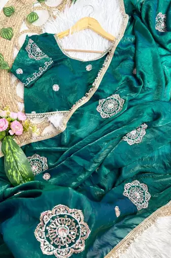 Green Color embroidery beats work Silk Blend Saree