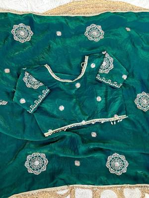 Green Color embroidery beats work Silk Blend Saree 3