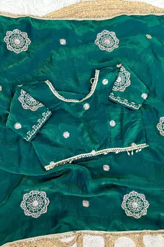 Green Color embroidery beats work Silk Blend Saree