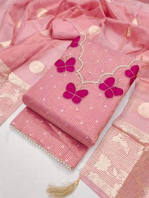 Elegant butterfly embroidered kasa silk dress material set with silk dupatta 5