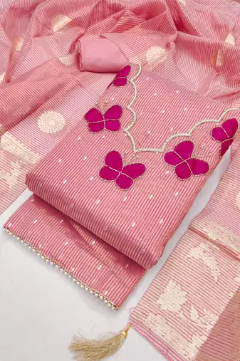 Elegant butterfly embroidered kasa silk dress material set with silk dupatta