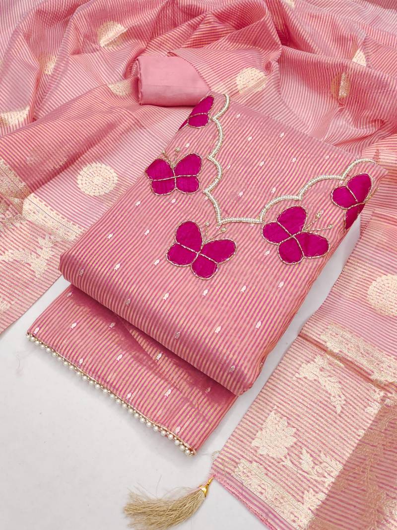 Elegant butterfly embroidered kasa silk dress material set with silk dupatta