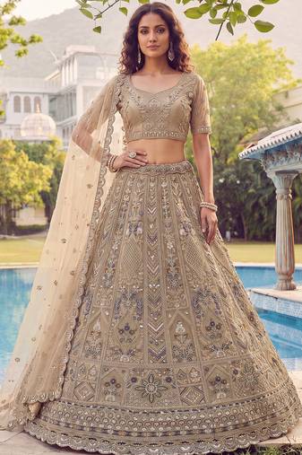 Shiny Beige Embroidered Net Reception Wear Lehenga Choli With Dupatta