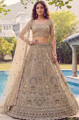 Shiny Beige Embroidered Net Reception Wear Lehenga Choli With Dupatta