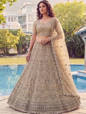 Shiny Beige Embroidered Net Reception Wear Lehenga Choli With Dupatta 2