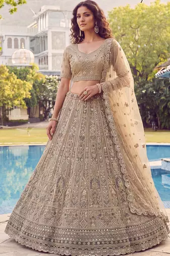 Shiny Beige Embroidered Net Reception Wear Lehenga Choli With Dupatta