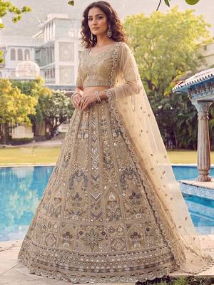 Shiny Beige Embroidered Net Reception Wear Lehenga Choli With Dupatta 3