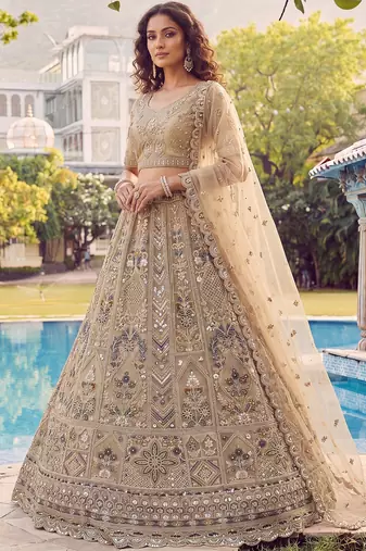 Shiny Beige Embroidered Net Reception Wear Lehenga Choli With Dupatta