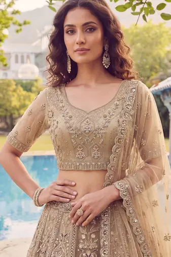 Shiny Beige Embroidered Net Reception Wear Lehenga Choli With Dupatta