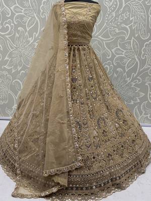 Shiny Beige Embroidered Net Reception Wear Lehenga Choli With Dupatta 5