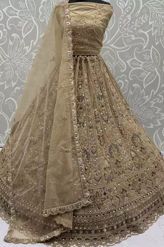 Shiny Beige Embroidered Net Reception Wear Lehenga Choli With Dupatta
