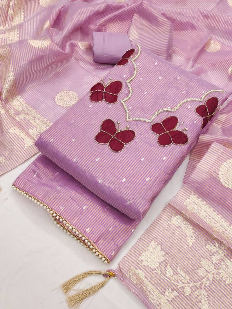 Elegant butterfly embroidered kasa silk dress material set with silk dupatta