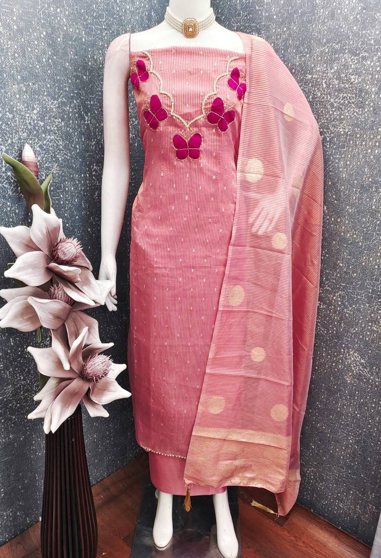 Elegant butterfly embroidered kasa silk dress material set with silk dupatta