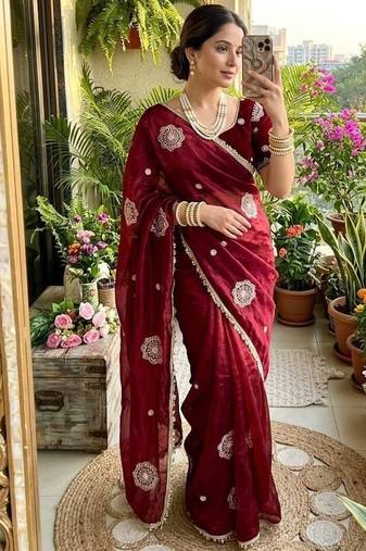 Maroon Color embroidery beats work Silk Blend Saree