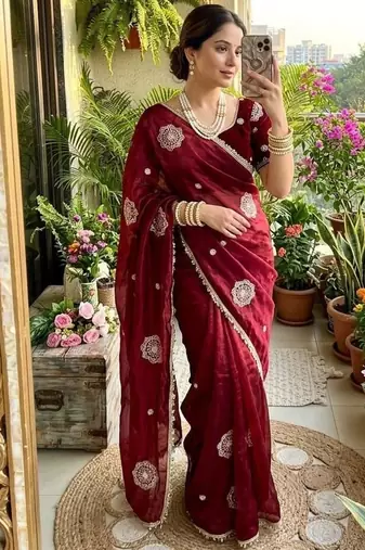 Maroon Color embroidery beats work Silk Blend Saree
