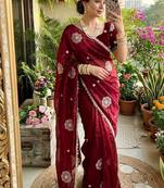Maroon Color embroidery beats work Silk Blend Saree