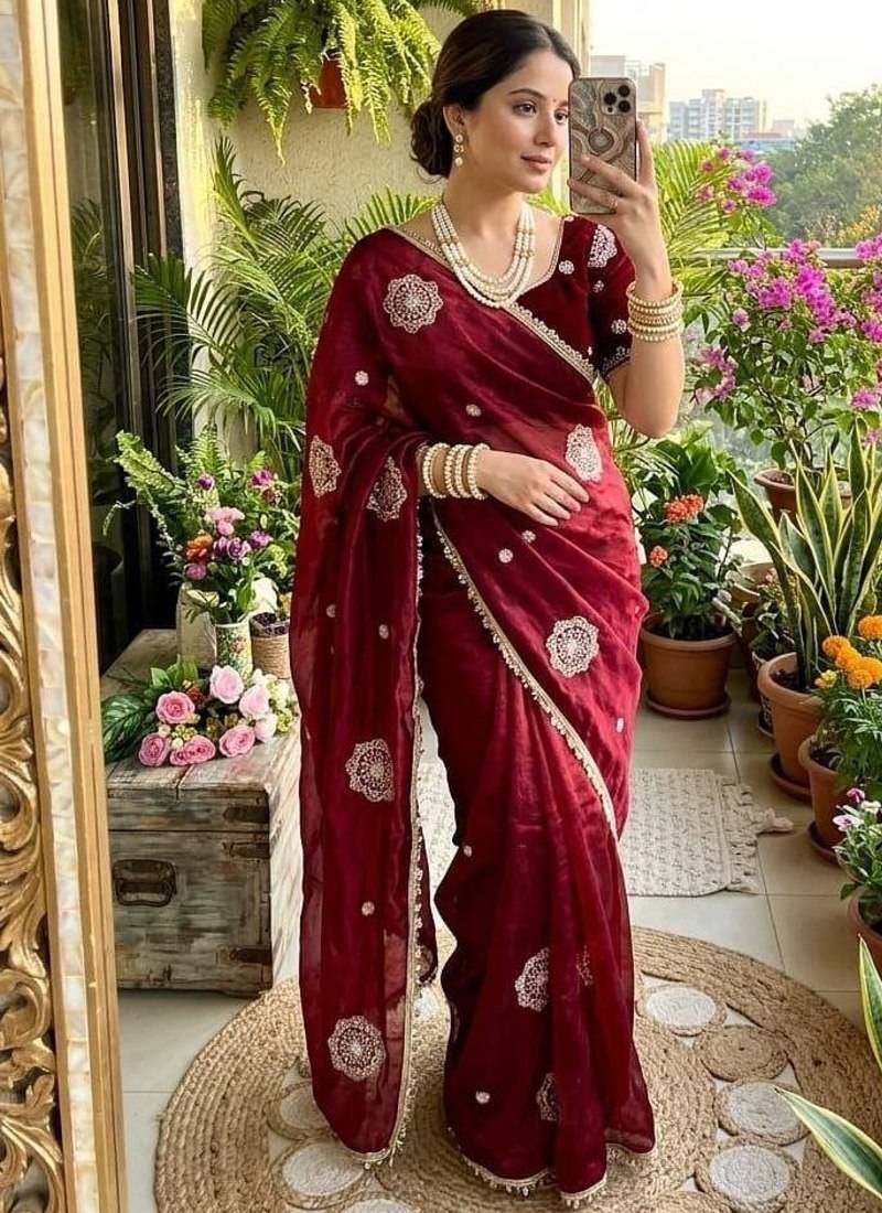 Maroon Color embroidery beats work Silk Blend Saree