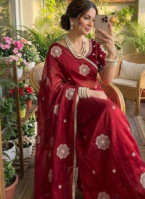 Maroon Color embroidery beats work Silk Blend Saree 2