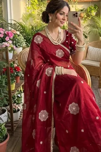 Maroon Color embroidery beats work Silk Blend Saree